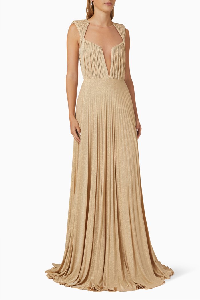 

Pleated Gown in Lurex Jersey, Brown