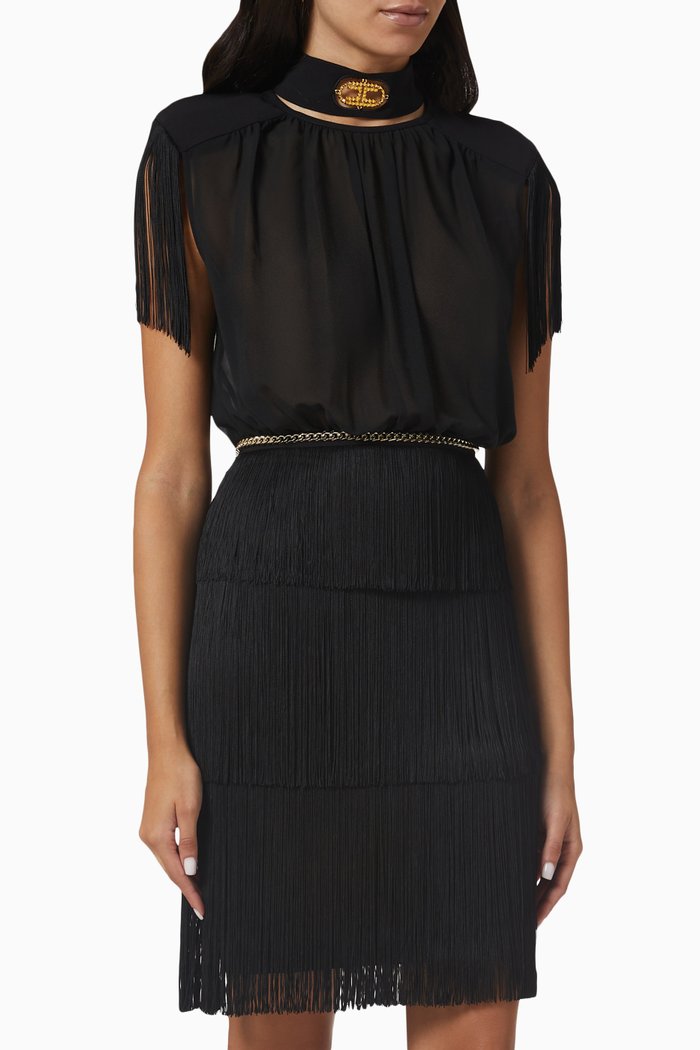 Fringed Midi Dress in Georgette, Black