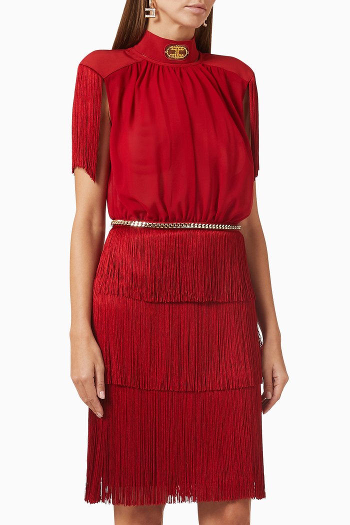 

Fringed Mini Dress in Georgette, Red
