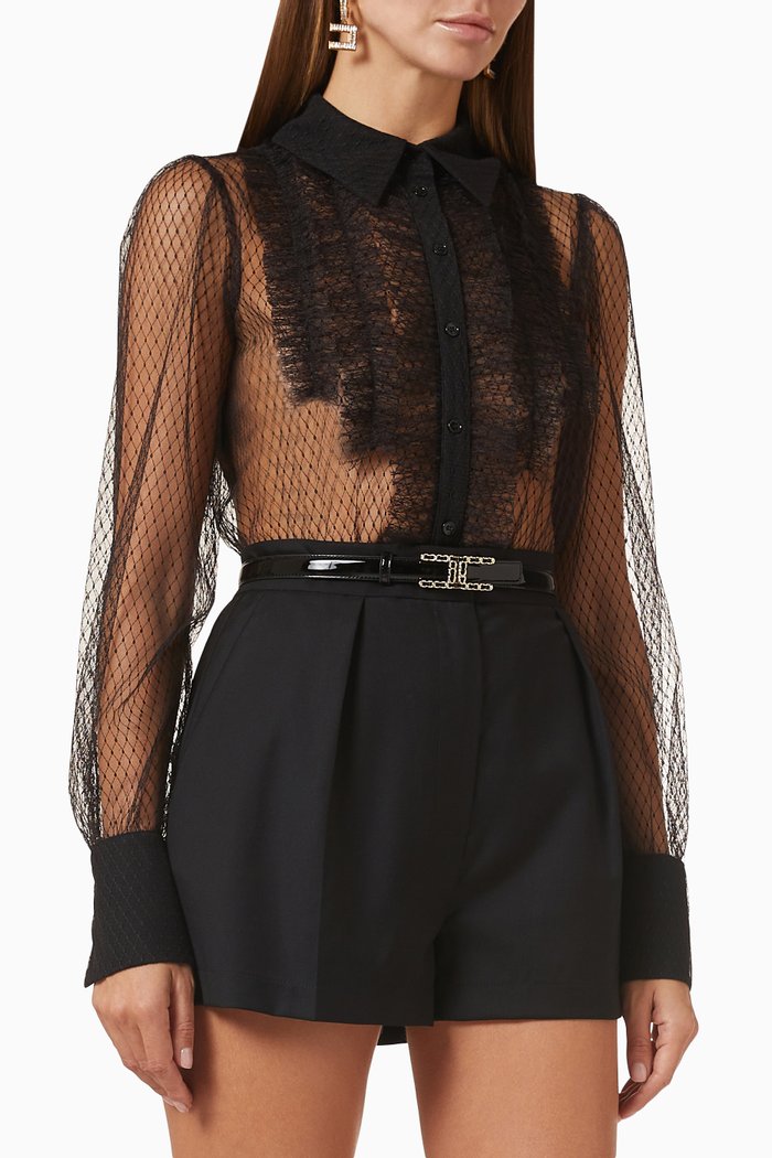 

Ruffle Ascot-tie Shirt in Tulle, Black