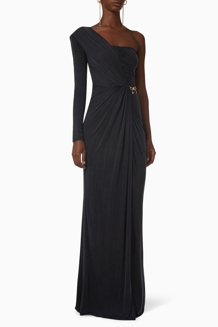 

Draped One-shoulder Gown in Jersey, Black