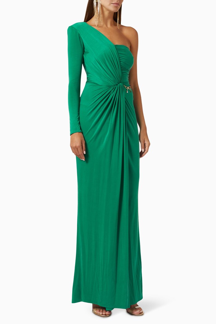 

Draped One-shoulder Gown in Jersey, Green