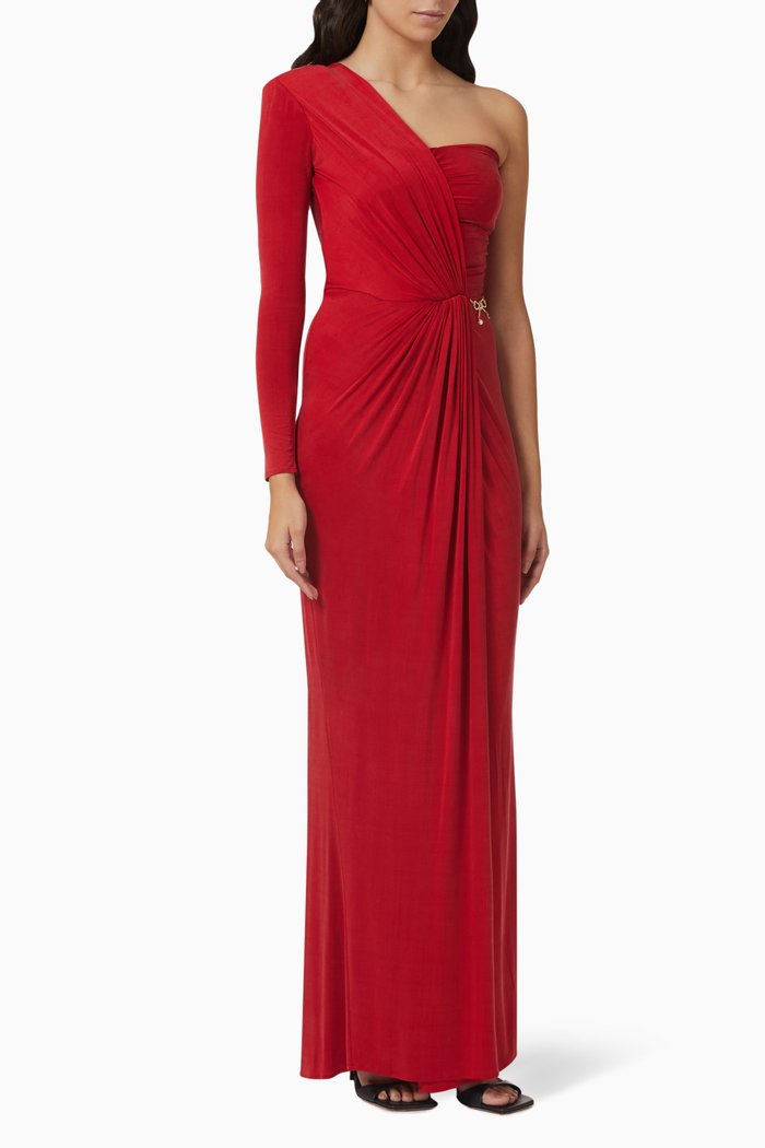 

Draped One-shoulder Gown in Jersey, Red