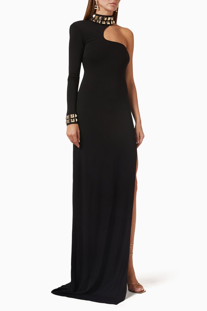 

Studded-collar Maxi Dress in Jersey, Black