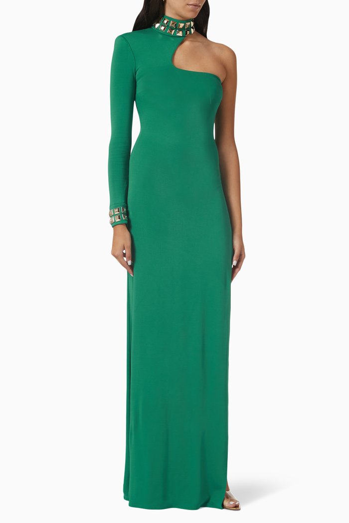 

Studded-collar Maxi Dress in Jersey, Green
