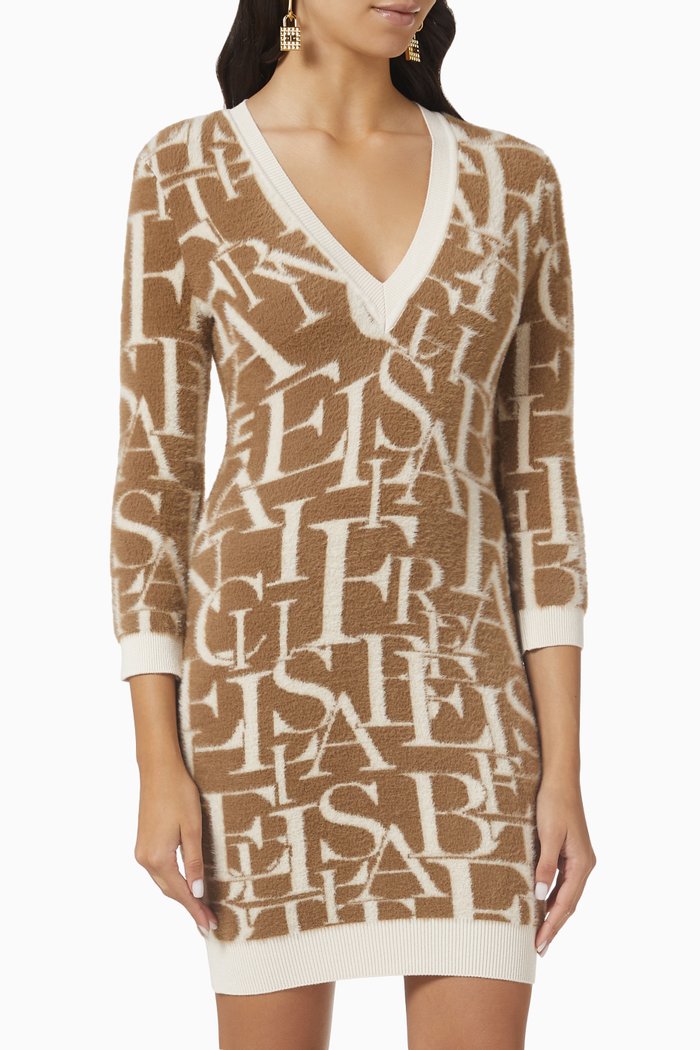 

Logo Letter-jacquard Mini Dress in Knit, Brown