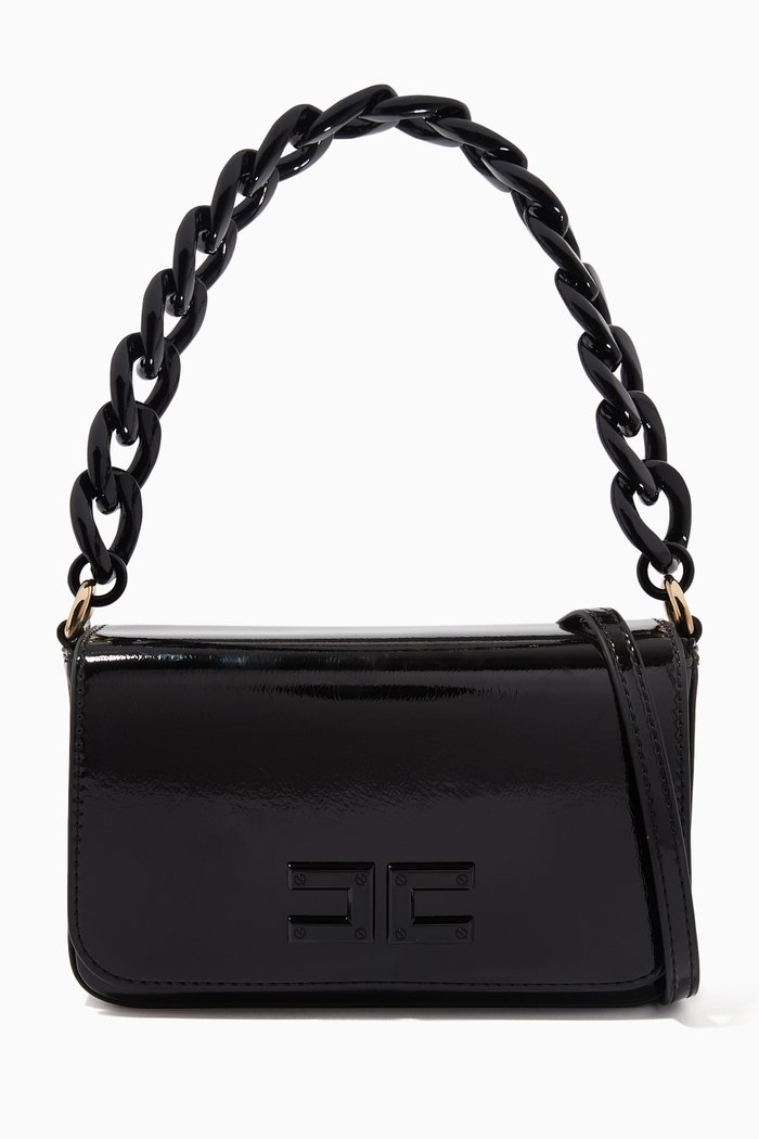 Chain Top Handle Bag in Faux Patent Leather, Black