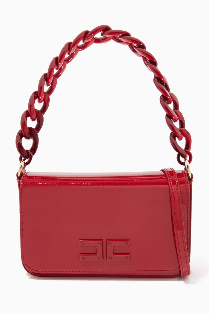 

Chain Top Handle Bag in Faux Patent Leather, Red