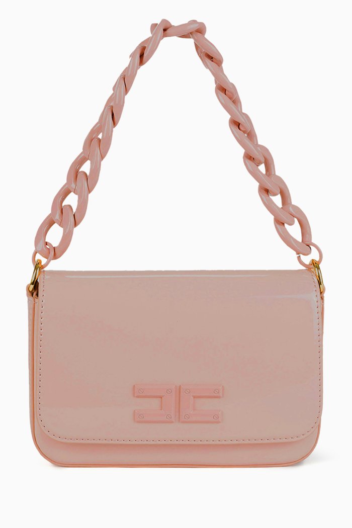 

Chain Top Handle Bag in Faux Patent Leather, Brown