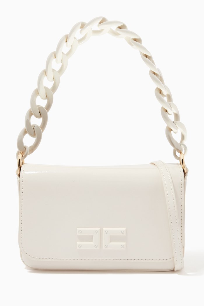 

Chain Top Handle Bag in Faux Patent Leather, Neutral