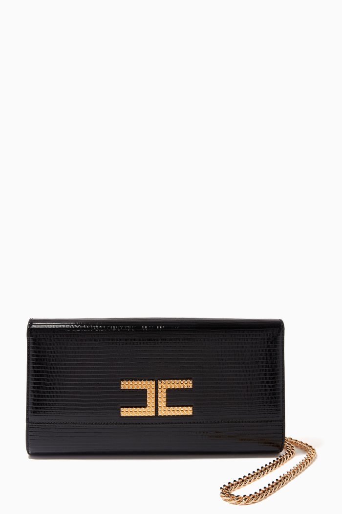

Maxi Rectangular Logo Clutch Bag in Faux Leather, Black