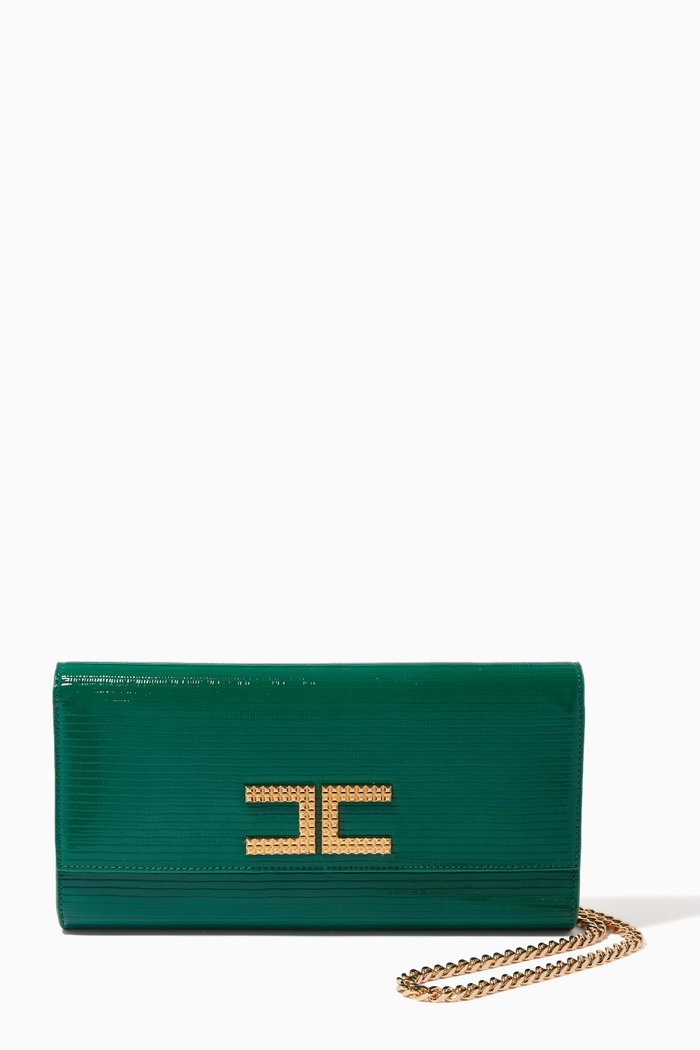 

Maxi Rectangular Logo Clutch Bag in Faux Leather, Green