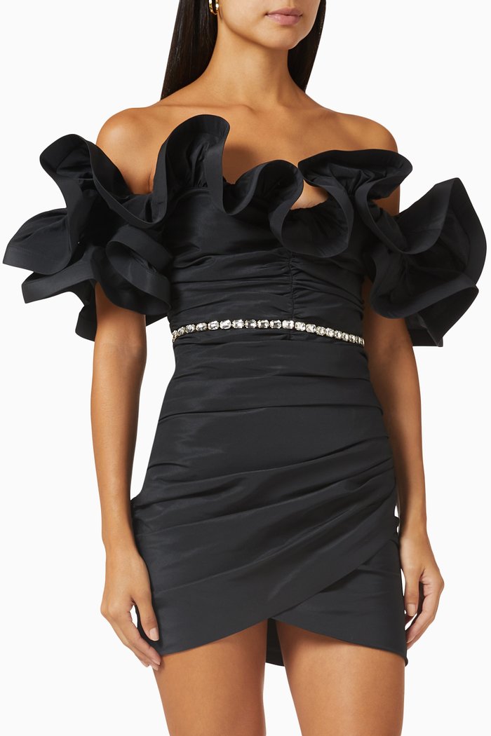 

Gathered Mini Dress in Ottoman Taffeta, Black