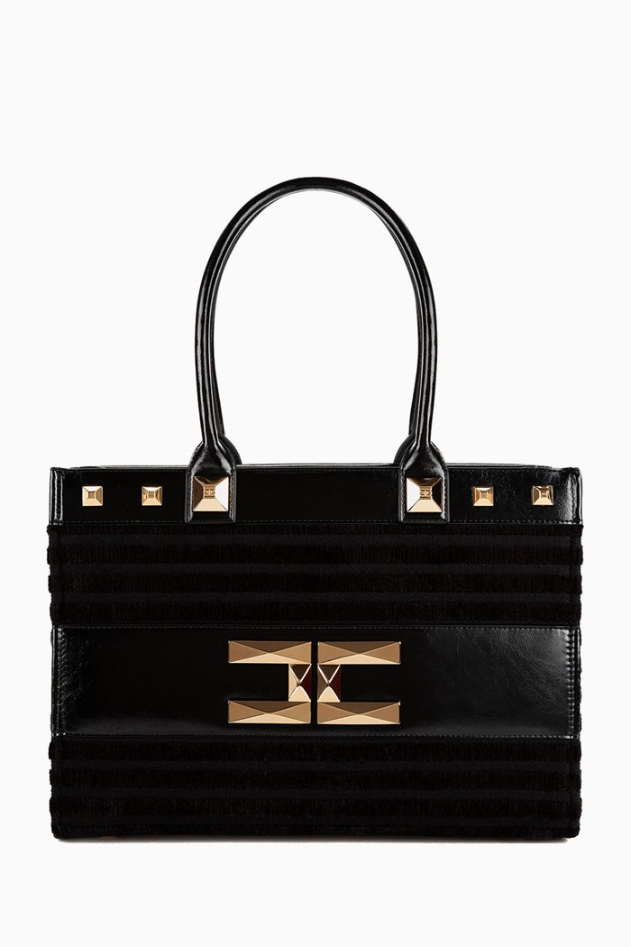 

Medium Striped Shopper Bag in Textured-fabric, Black