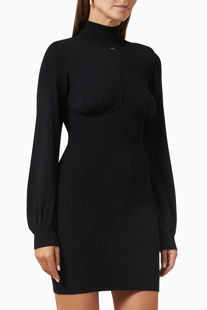 

High Collar Mini Dress in Ribbed Viscose-blend, Black