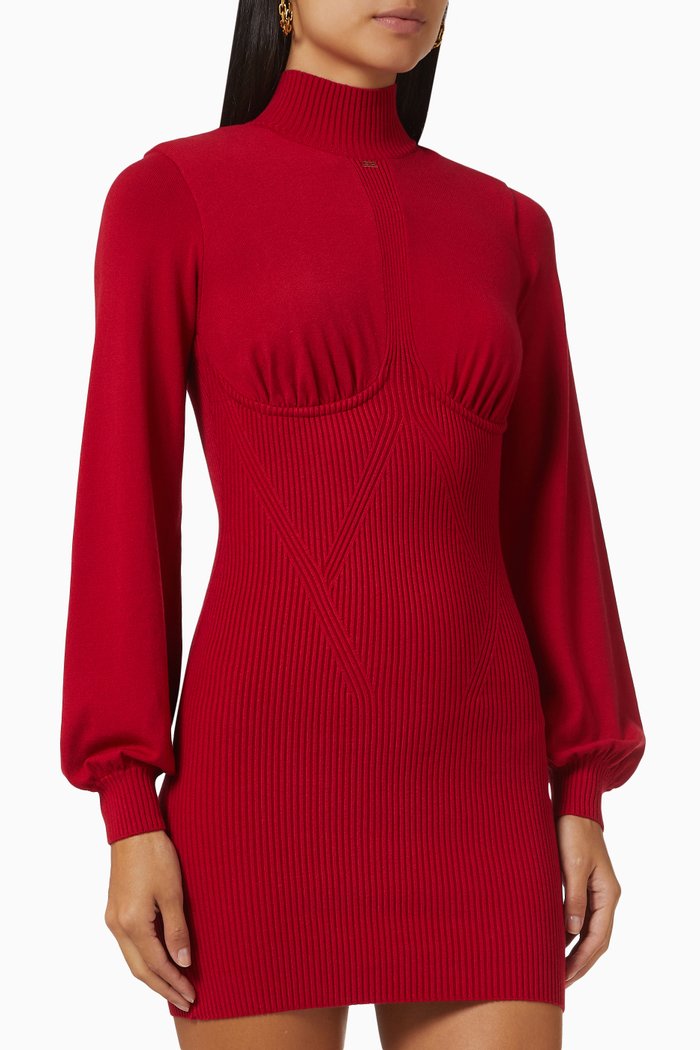 

High Collar Mini Dress in Ribbed Viscose-blend, Red