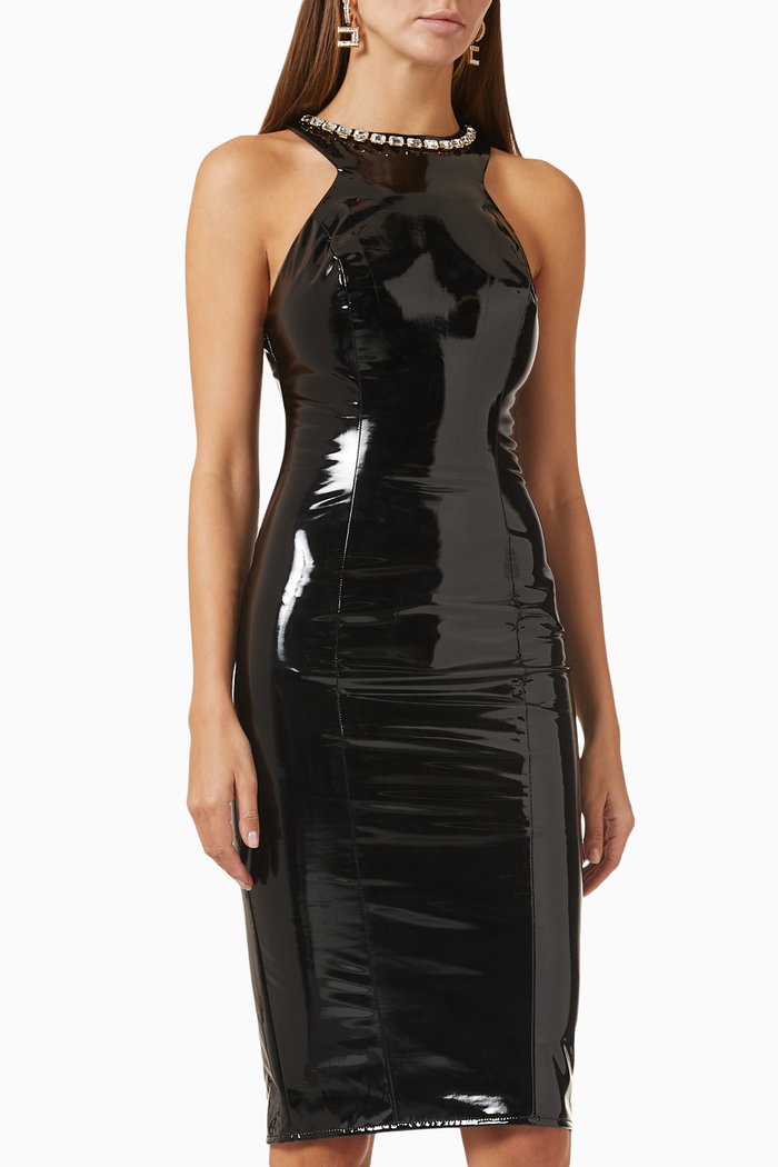 

Rhinestone Necklace Midi Dress in Patent-leather, Black