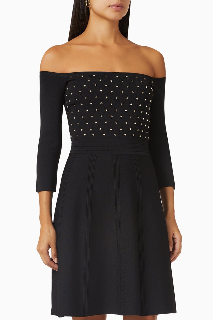 

Off-shoulder Embroidered Mini Dress in Viscose, Black
