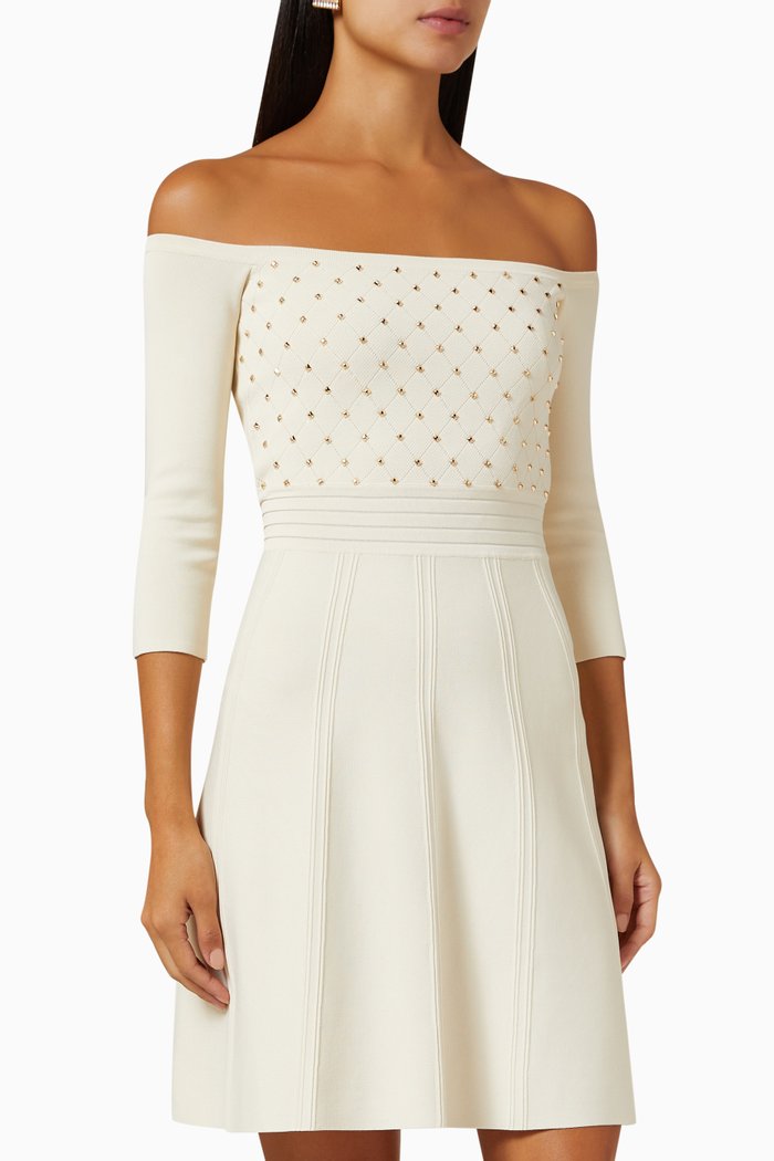 

Off-shoulder Embroidered Mini Dress in Viscose, Neutral