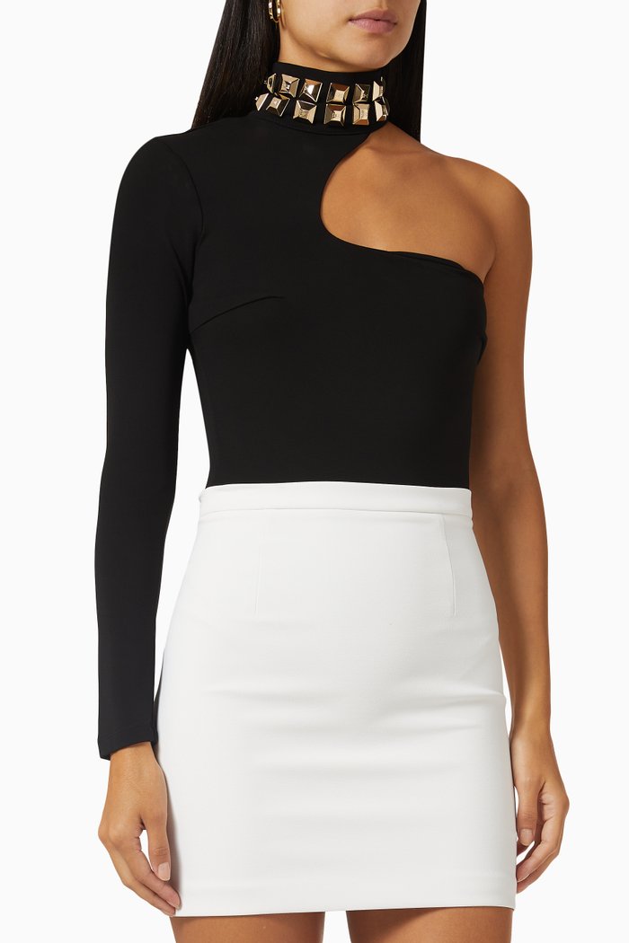 

Studded One-shoulder Bodysuit in Viscose, Black