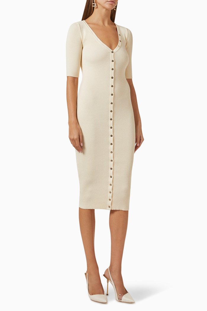 

V-neck Midi Dress in Rib-knit Fabric, Neutral