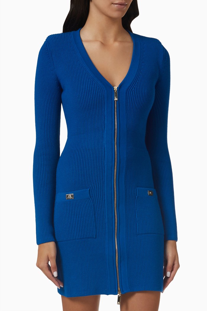 

Zip Mini Dress in Ribbed-knit, Blue