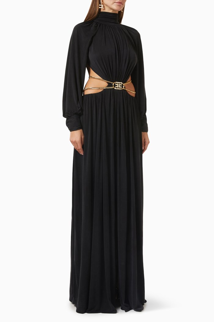 Logo-belt Cut-out Maxi Dress in Jersey, Black