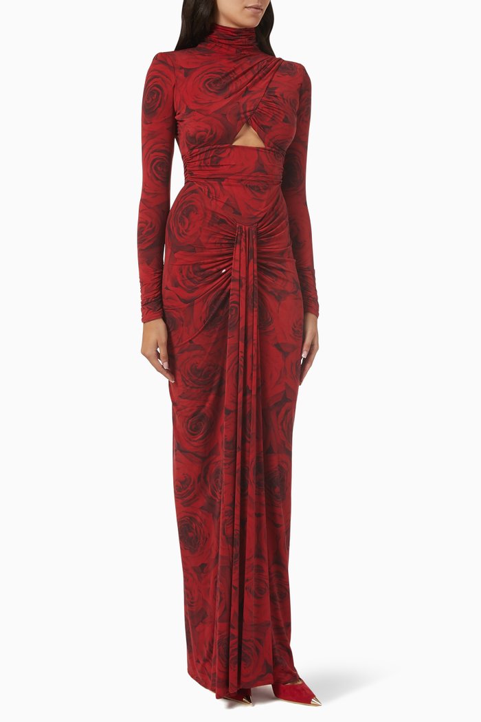Gown in Rose Print Jersey, Red
