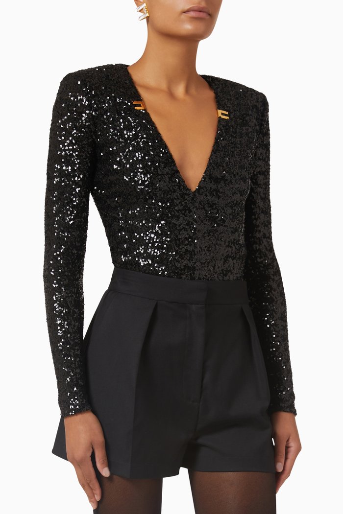 

Shoulder Padded Bodysuit in Sequined Fabric, Black