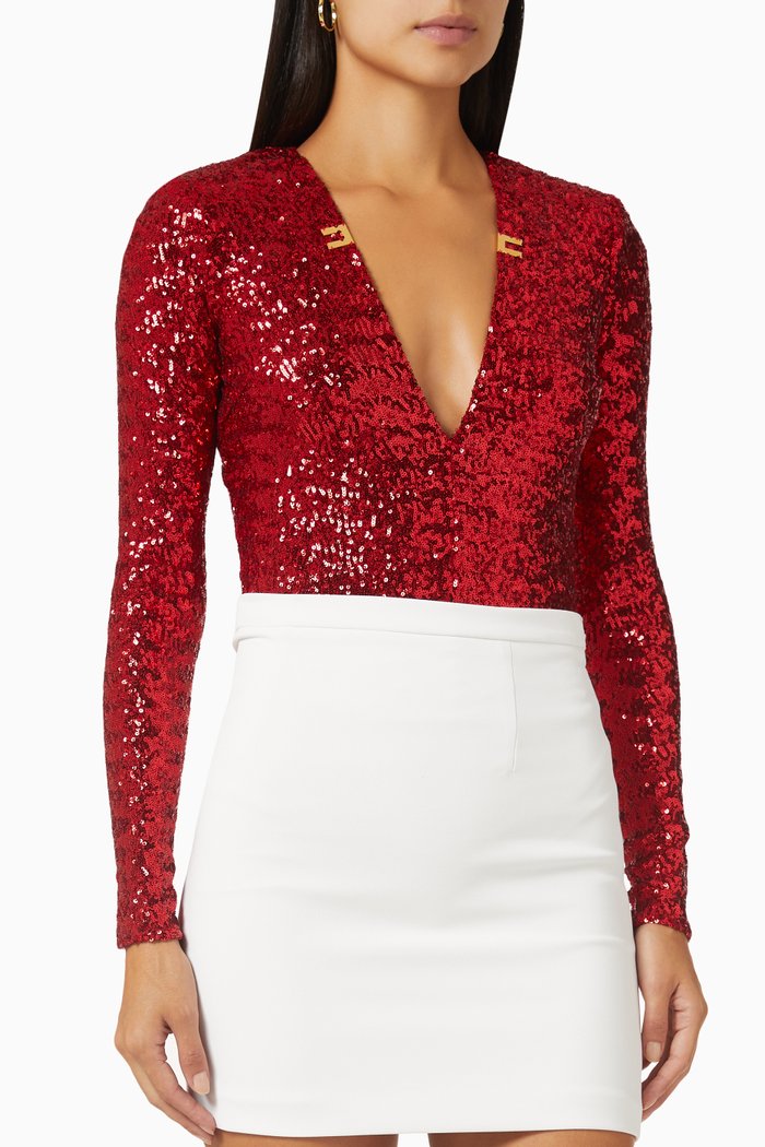 

Shoulder Padded Bodysuit in Sequined Fabric, Red