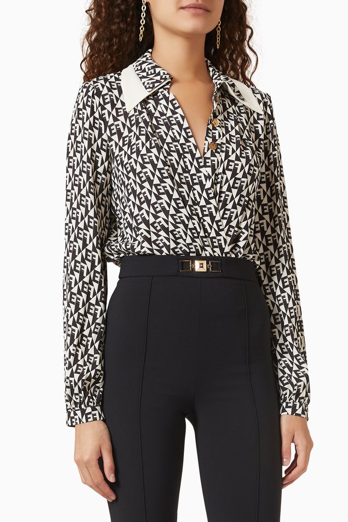 

Crossover Bodysuit-style Shirt in Diamond-print Georgette, Black