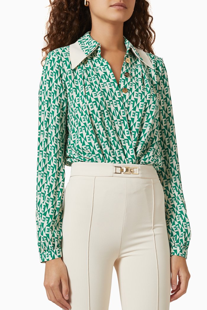 

Crossover Bodysuit-style Shirt in Diamond-print Georgette, Green