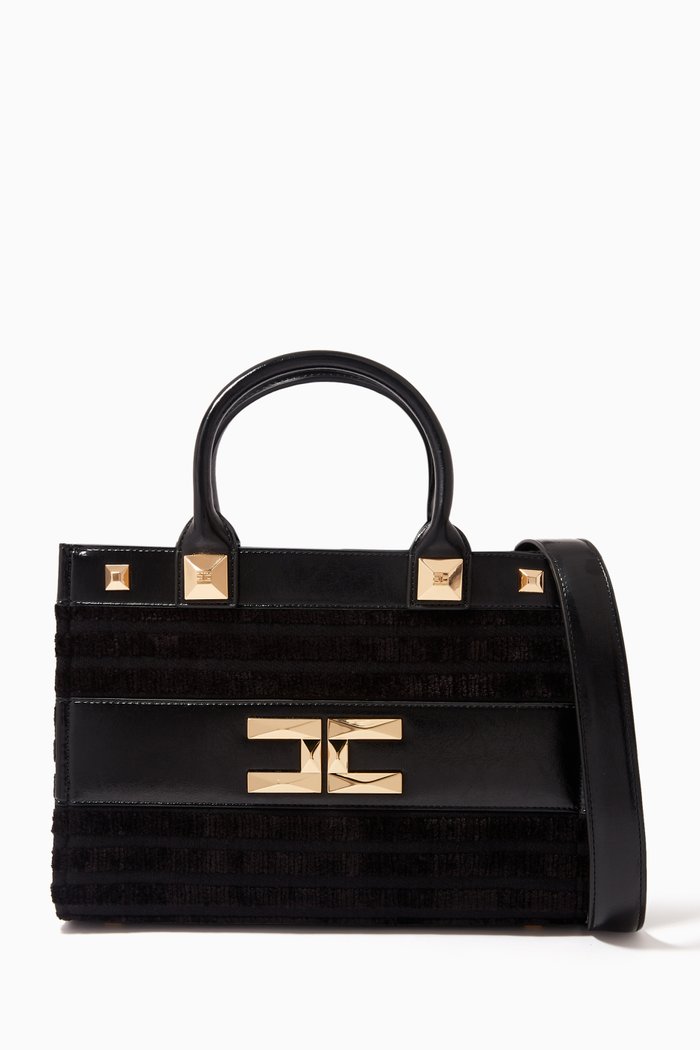 

Small Striped Shopper Bag in Textured-fabric, Black