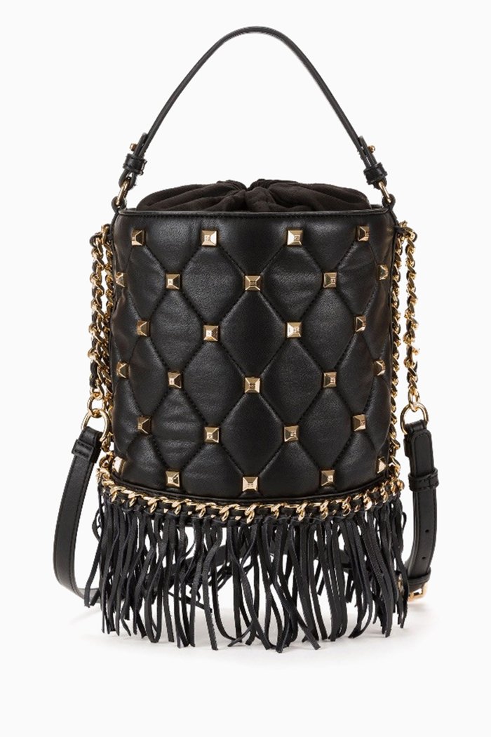 

Fringe Studded Bucket Bag in Faux Leather, Black