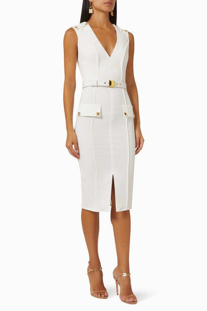 

Studded Midi Dress in Bonded Crepe, White