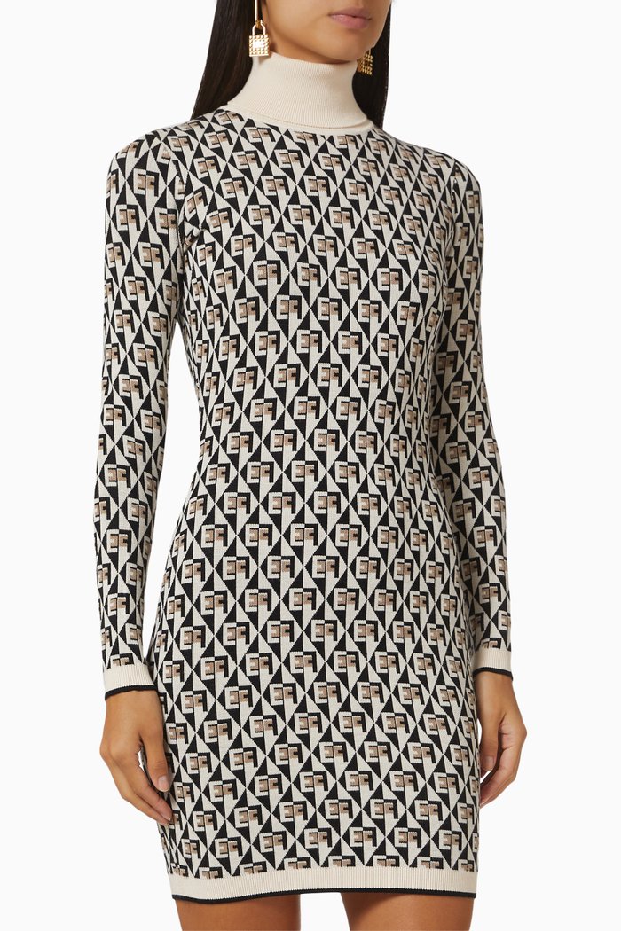 

Turtleneck Mini Dress in Logo-jacquard, Black