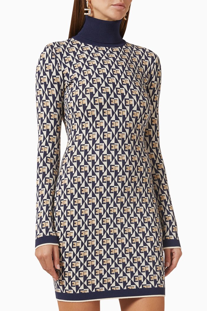 

Turtleneck Mini Dress in Logo-jacquard, Neutral
