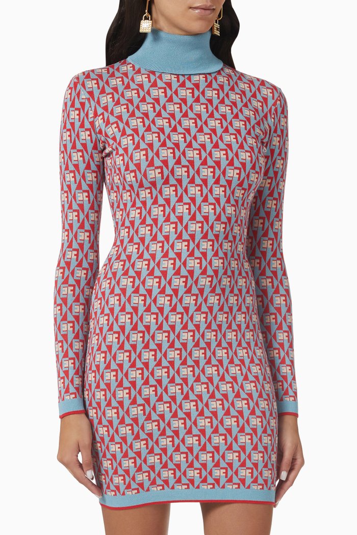 

Turtleneck Mini Dress in Logo-jacquard, Red