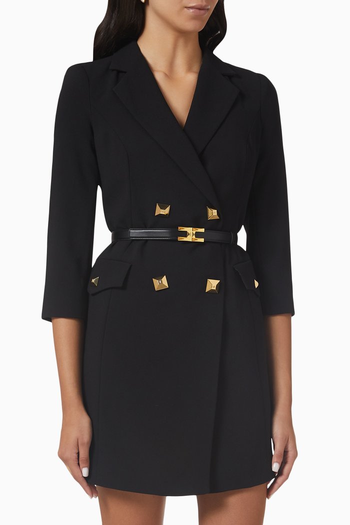 

Belted Studded Mini Dress in Crepe, Black