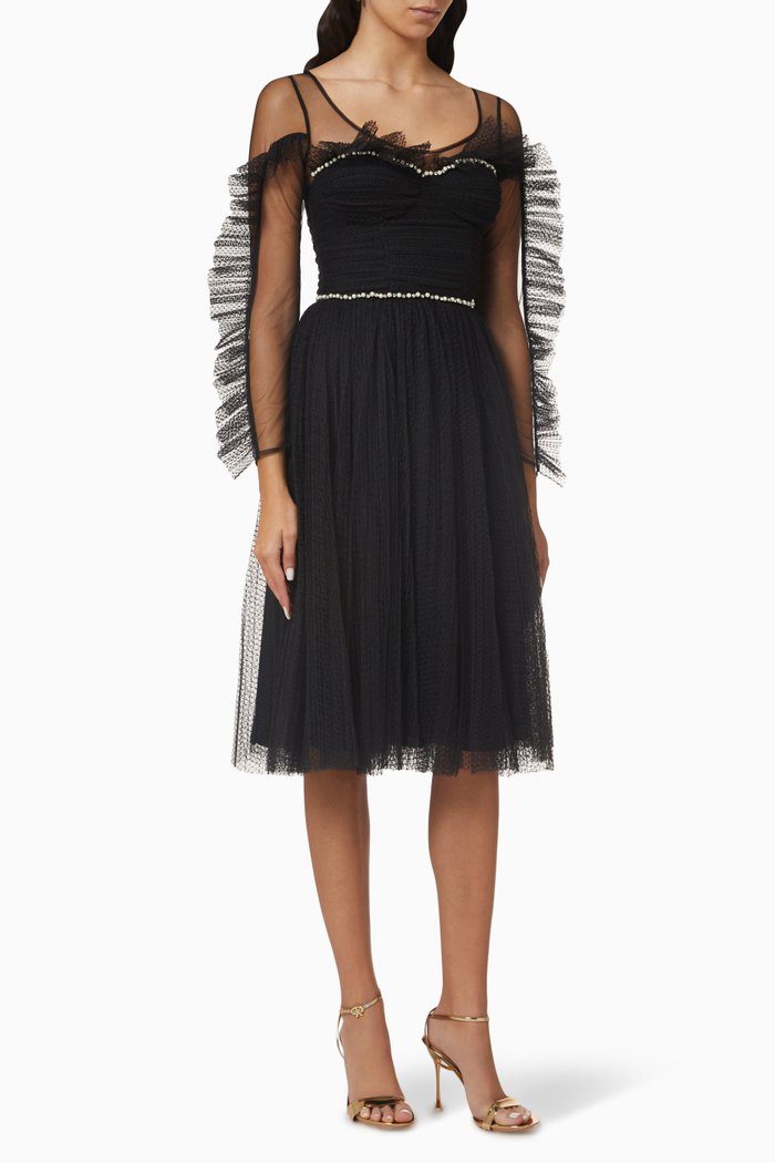 

Pearl-trim Midi Dress in Pleated Tulle, Black
