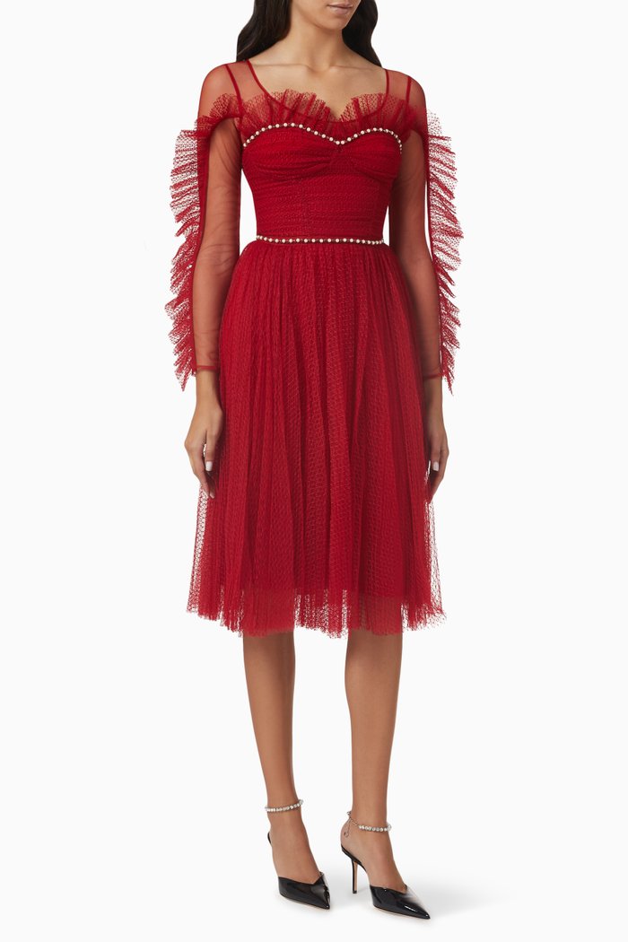 

Pearl-trim Midi Dress in Pleated Tulle, Red