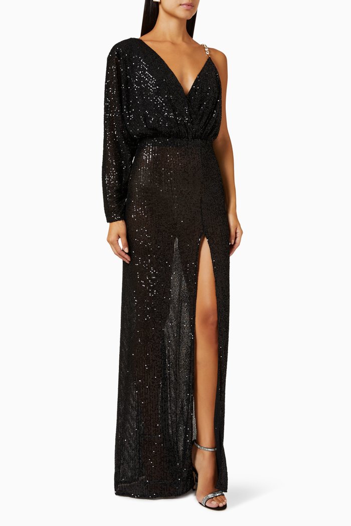 

Asymmetric One-shoulder Dress in Sequined Fabric, Black