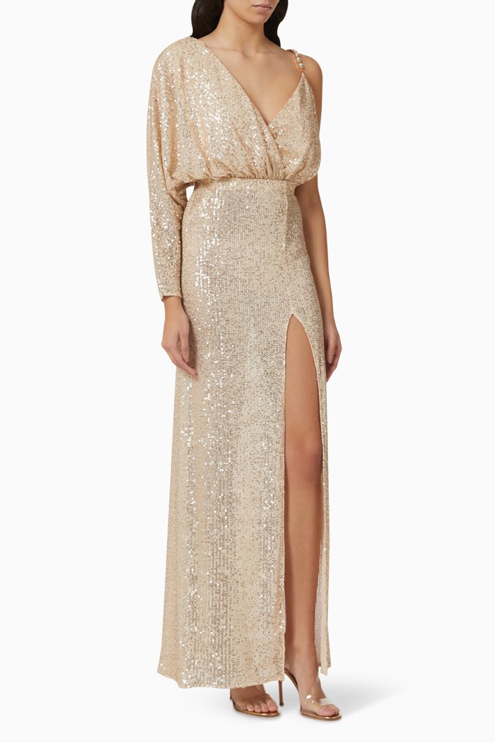 

Asymmetric One-shoulder Dress in Sequined Fabric, Gold