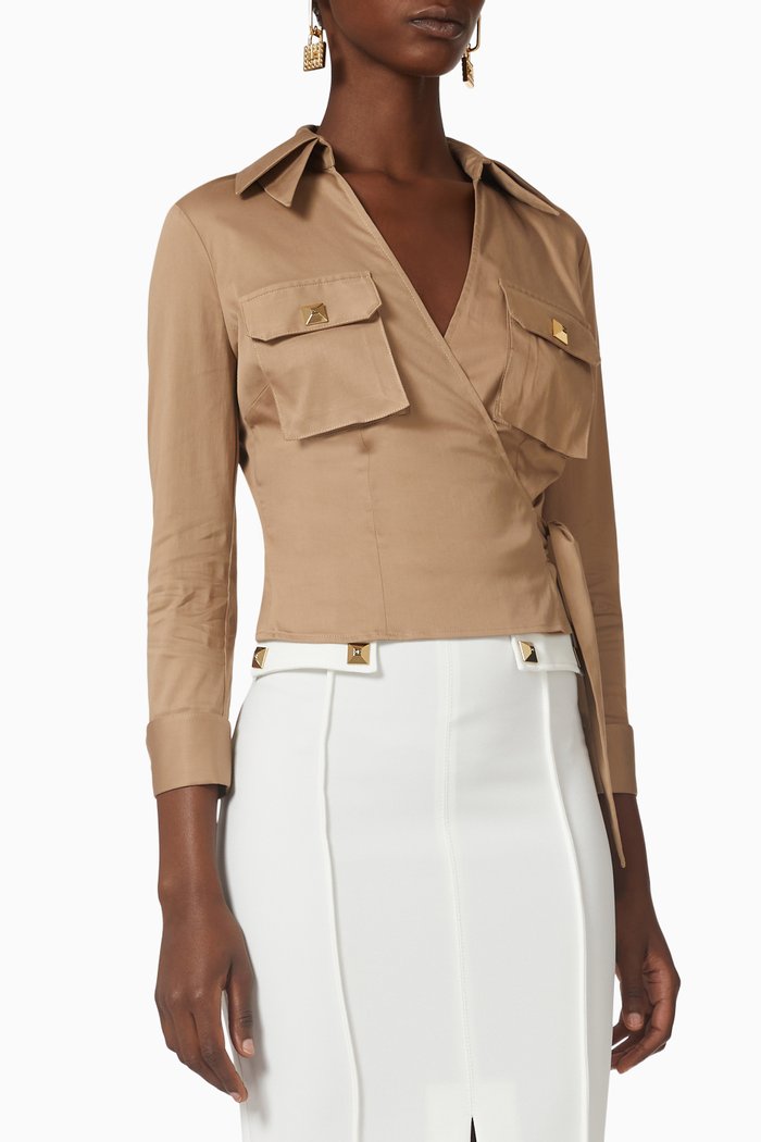 

Crop Wrap Shirt in Cotton, Brown