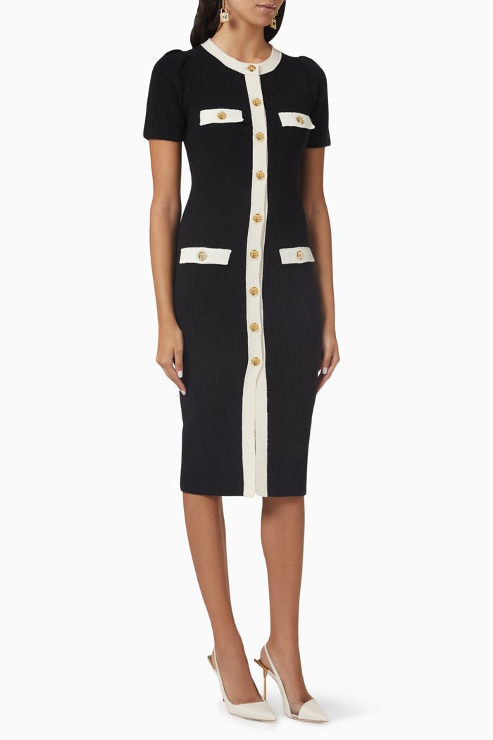 

Buttoned Midi Dress in Knit, Black