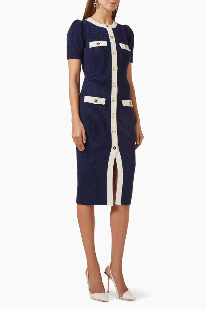 

Buttoned Midi Dress in Knit, Blue
