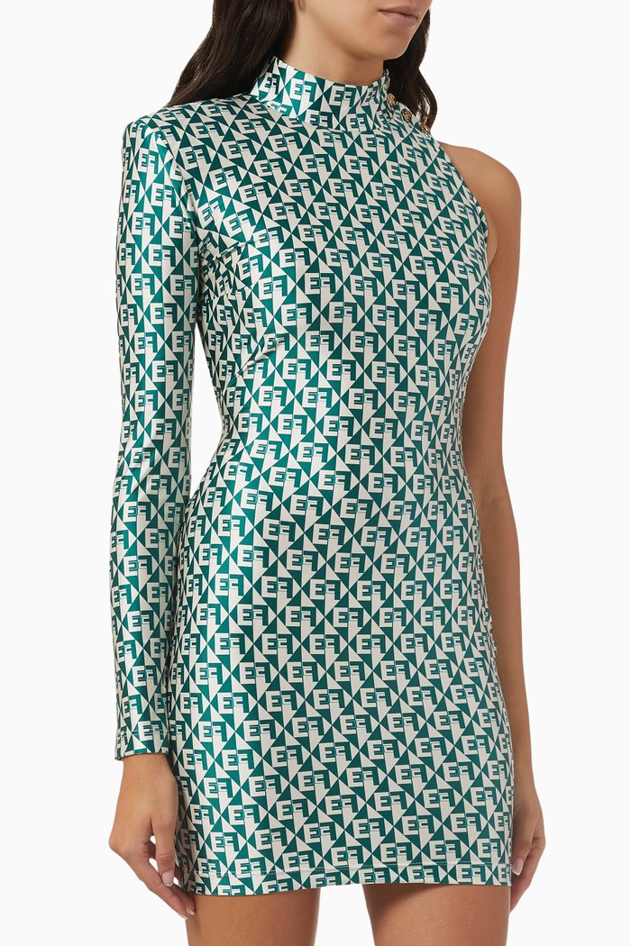 

One-shoulder Mini Dress in Diamond-print Lycra, Green
