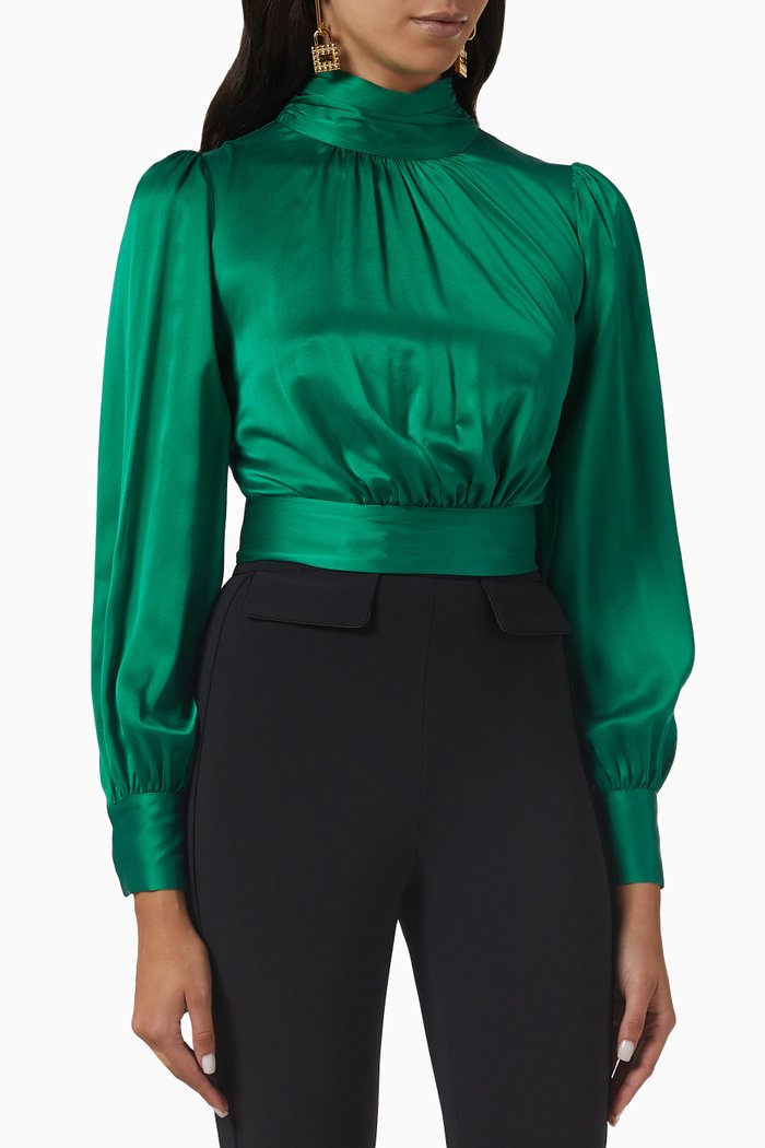 

High-neck Crop Top in Silk-satin, Green