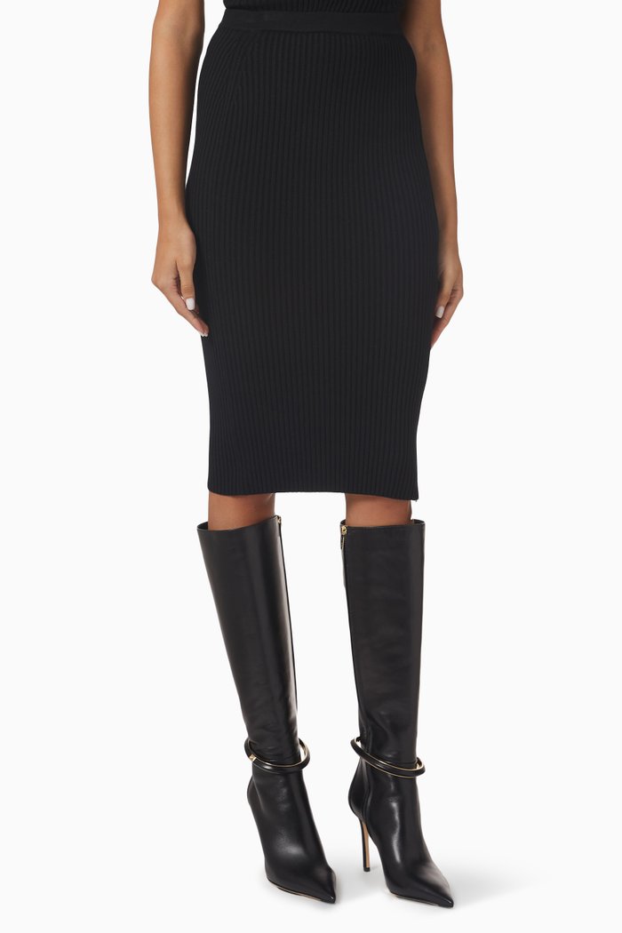 

Zip Slit Midi Skirt in Ribbed-knit, Black