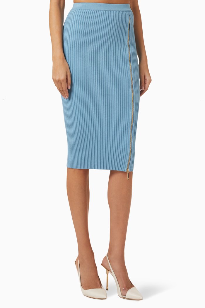 

Zip Slit Midi Skirt in Ribbed-knit, Blue